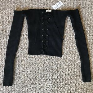 Lace Up Ribbed Off Shoulder Crop Top